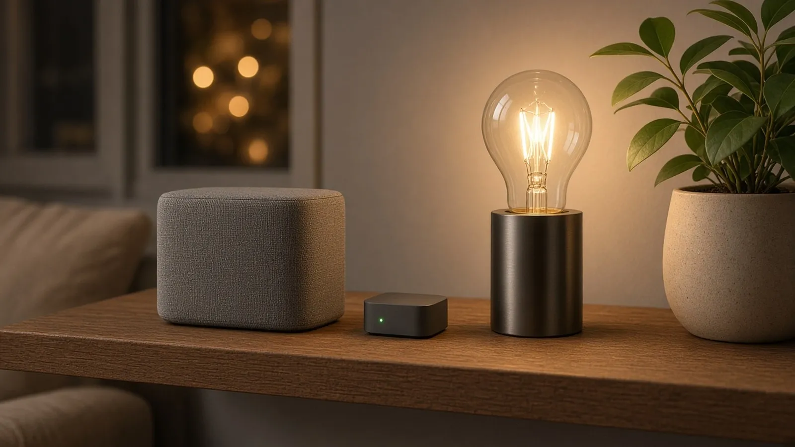 A generic smart speaker, a small hub and a table lamp on a living room shelf.