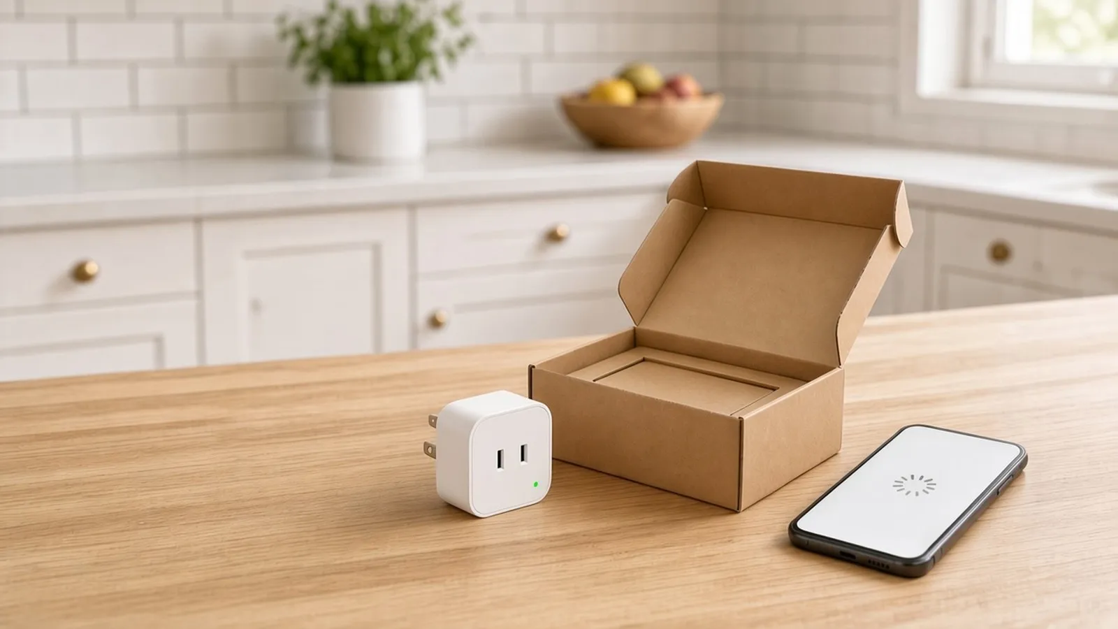 A white unbranded smart plug beside its open box and a smartphone showing a plain loading screen on a light kitchen counter.