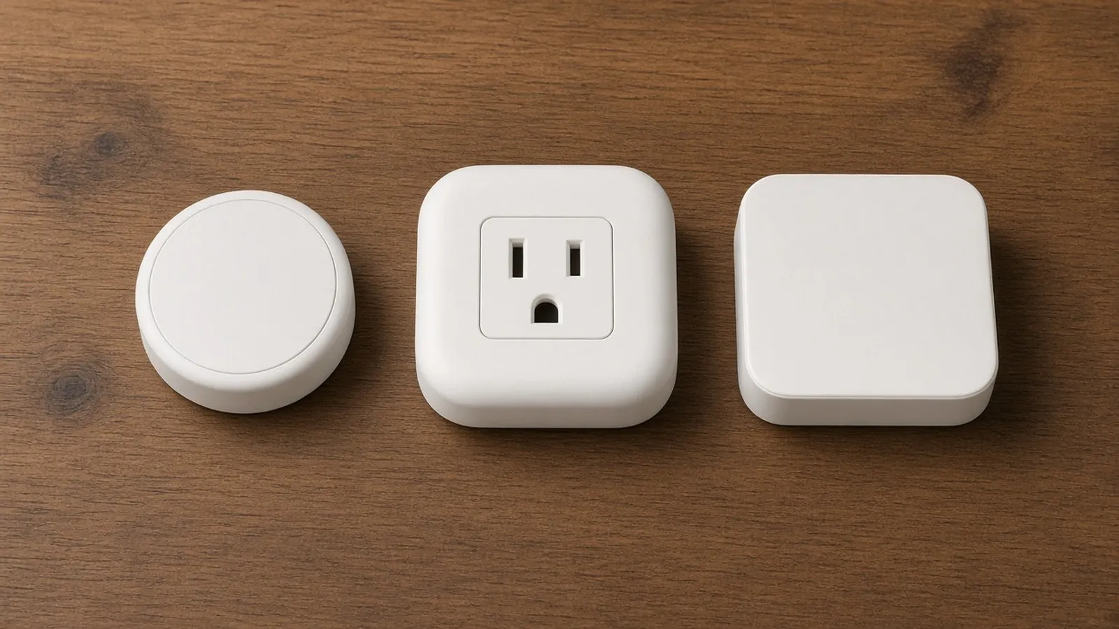 Overhead view of an unbranded battery sensor, smart plug and plain white hub lined up on a wooden desk.