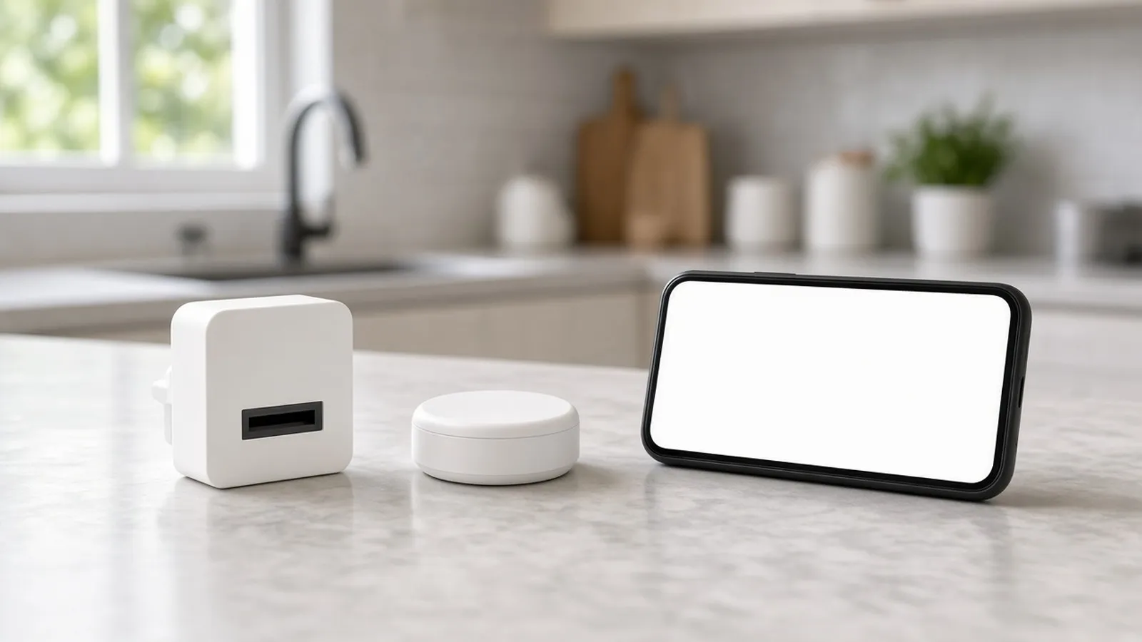 An unbranded plug-in module and small round sensor on a kitchen counter beside a smartphone with a blank screen.