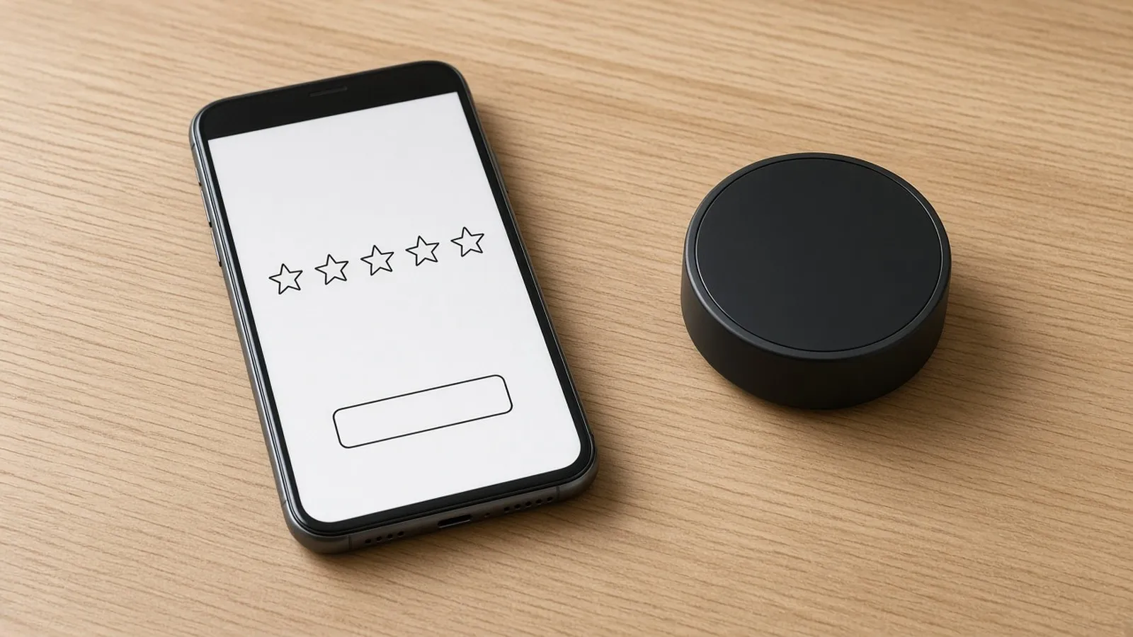 Unbranded smartphone showing five outline stars and an empty reply box, next to a round smart home device on a wooden table.