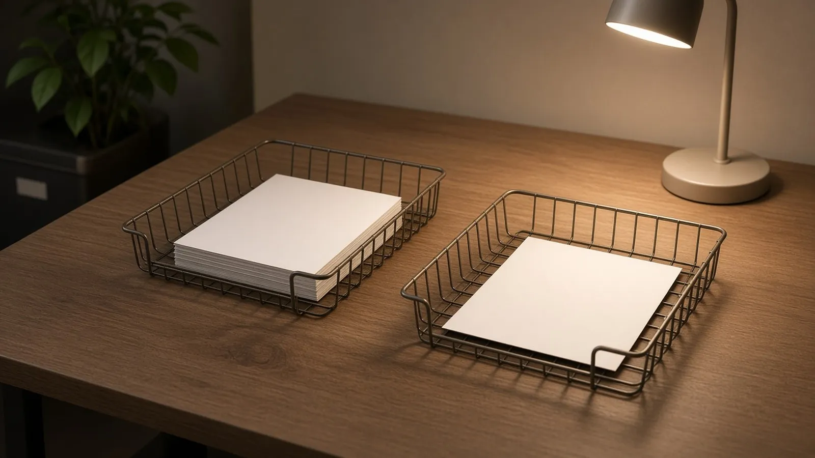 Two paper trays on a desk, one with a stack of blank cards and one with a single card under a desk lamp.