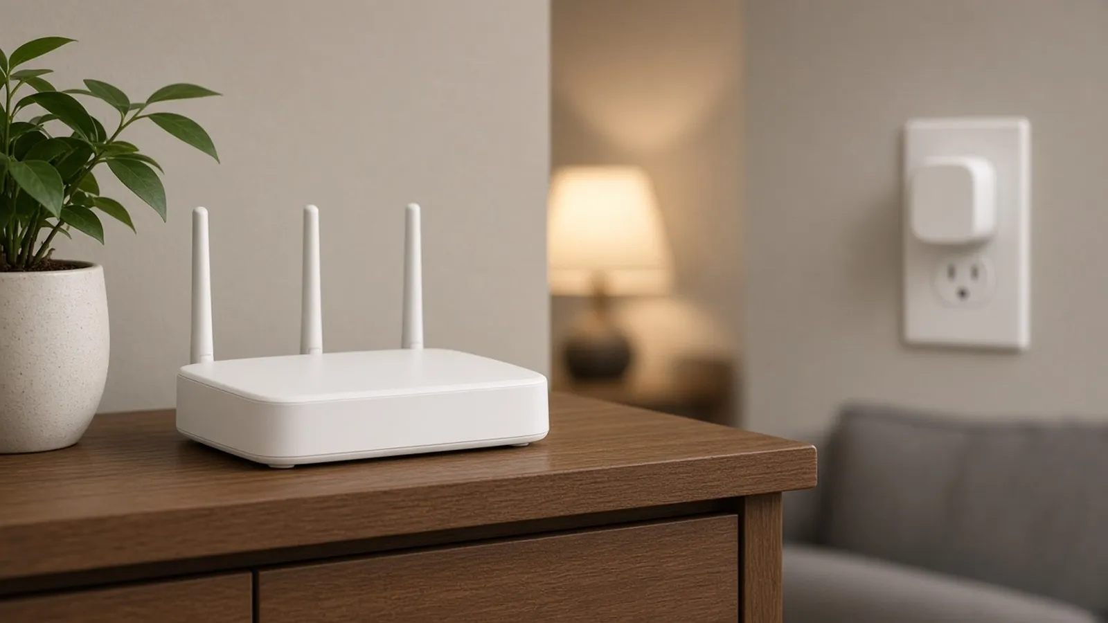 An unbranded white router on a cabinet with a small unbranded smart plug in a wall outlet nearby.