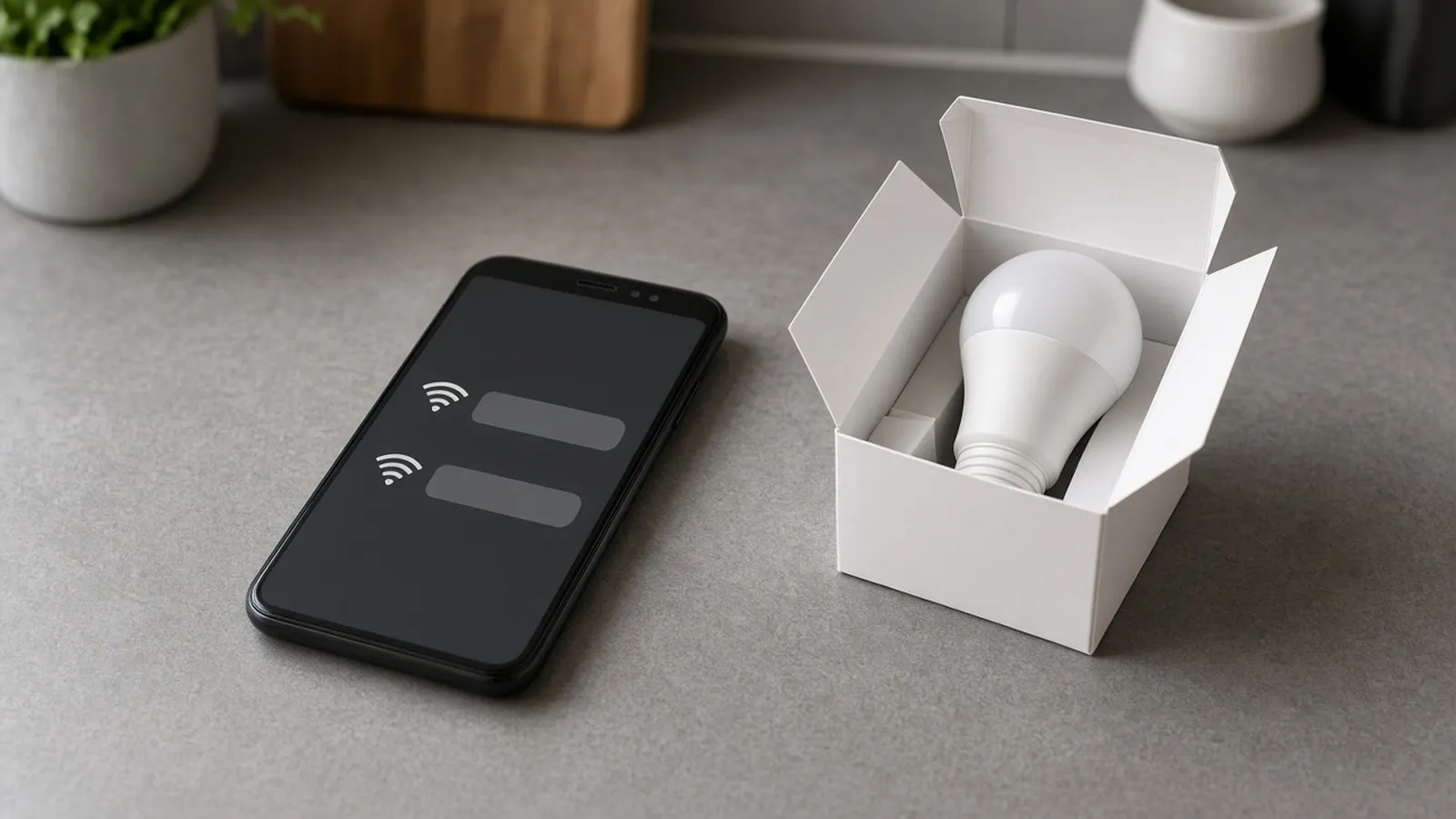 A phone on a kitchen counter showing two Wi-Fi network entries, next to a smart bulb in its open box.