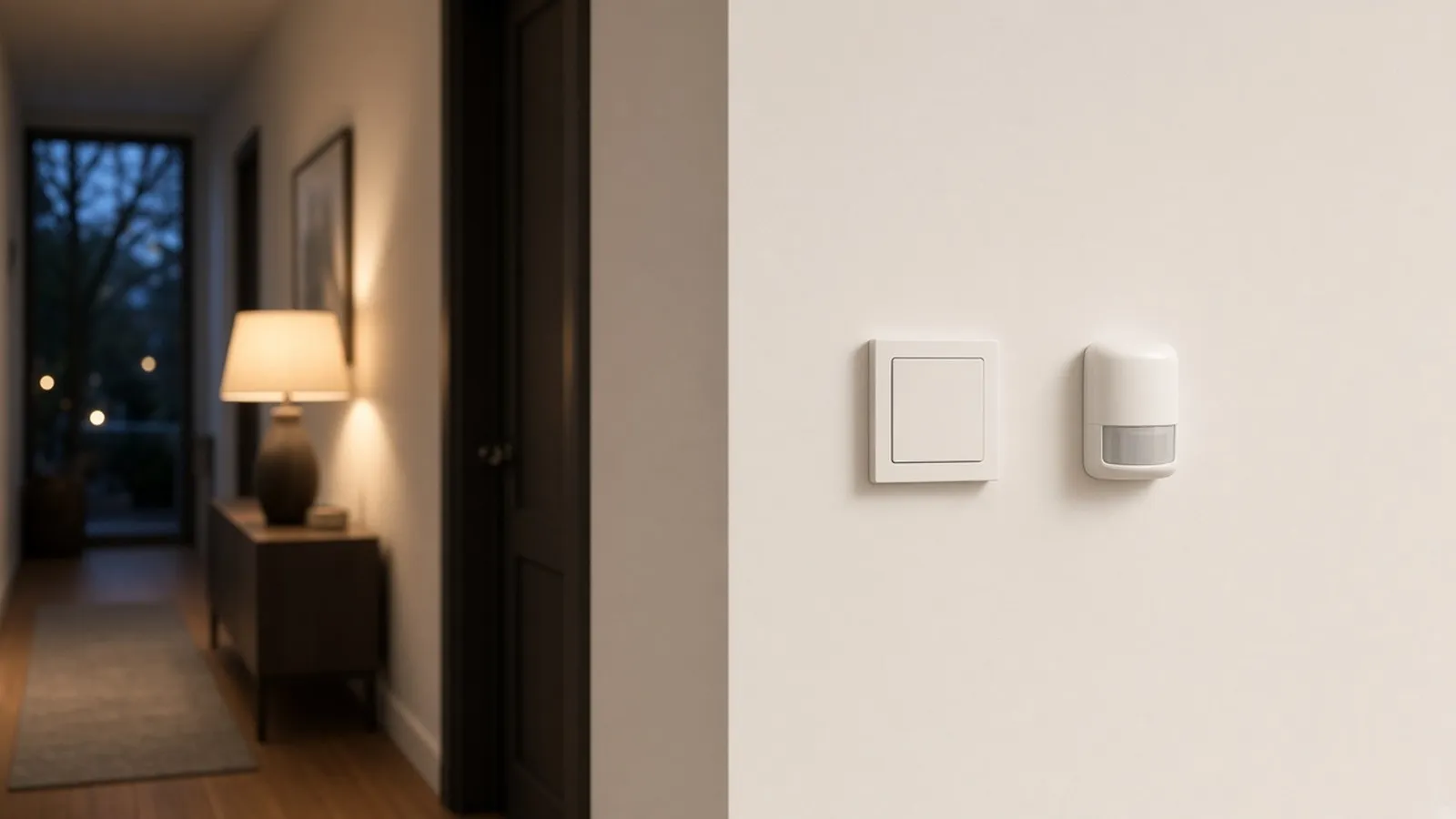 A small unbranded motion sensor and wall switch mounted near a doorway in a softly lit home hallway.