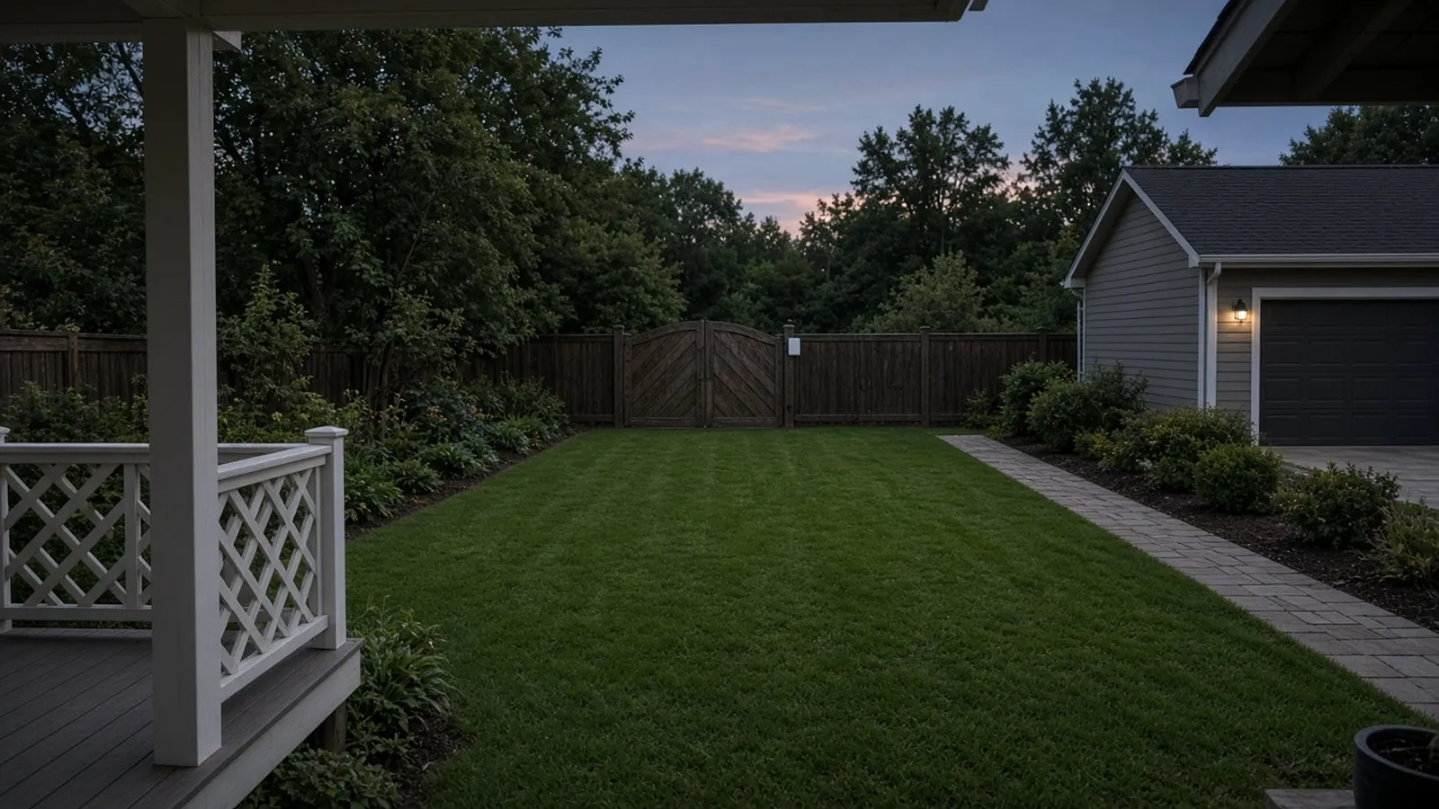 View from a back porch across a long lawn to a garden gate with a small sensor on the post.